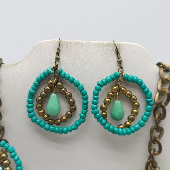 Boho Beaded Teardrop Necklace Earrings Set Multicolor Green Turquoise - Picture 2 of 8